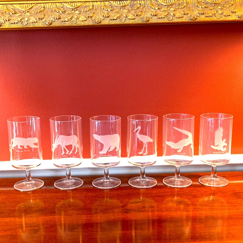 Set of Six Georg Jensen Etched Endangered Species Stemmed Glassware